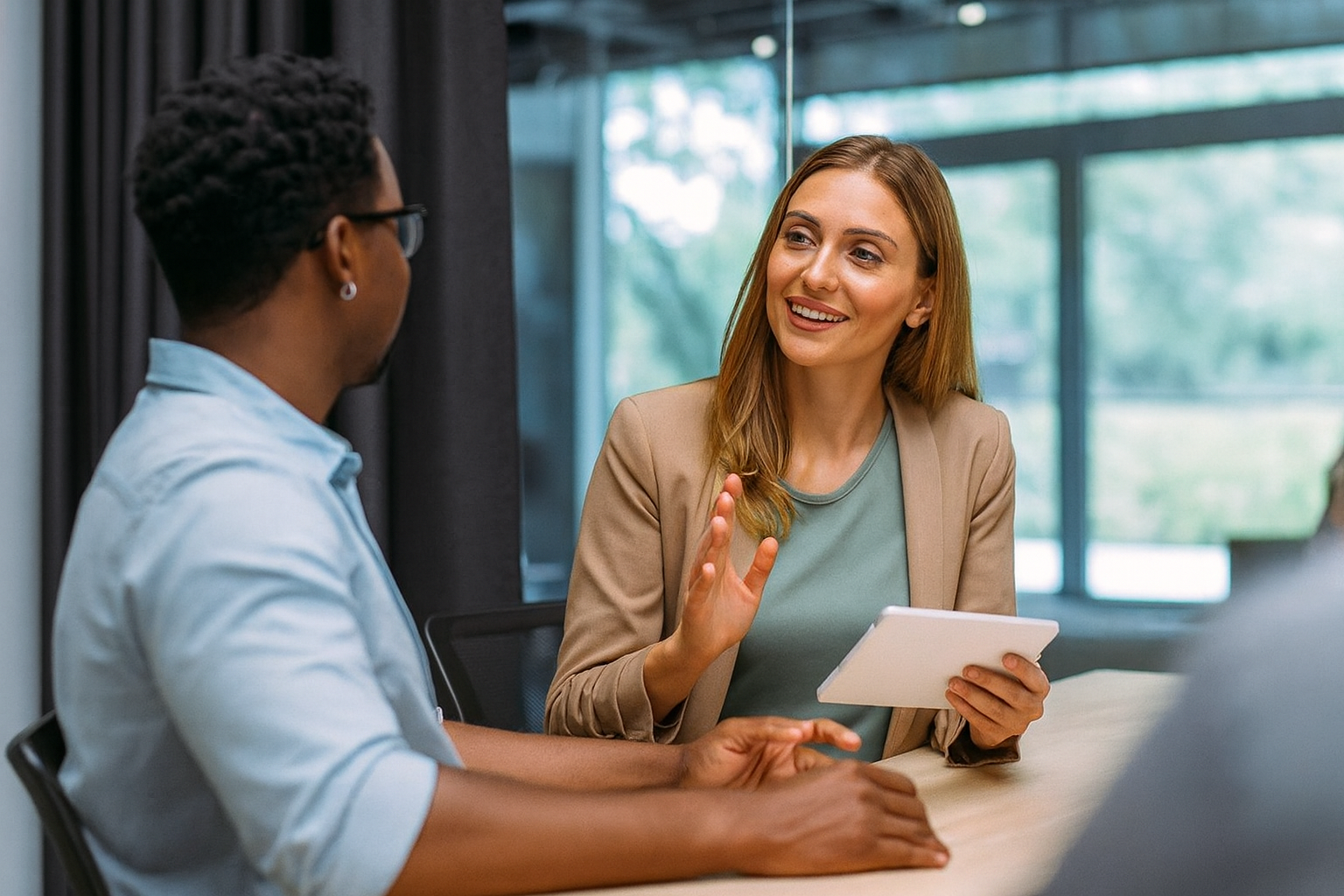 Two professionals discussing on a tablet